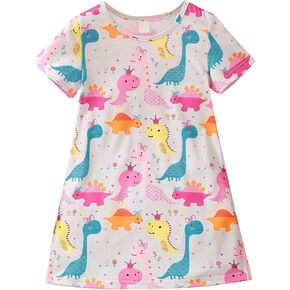 Toddler Girls Dress Short Sleeve Dinosaur Print Summer Casual Playwear Dresses for Kids Little Girls Clothes