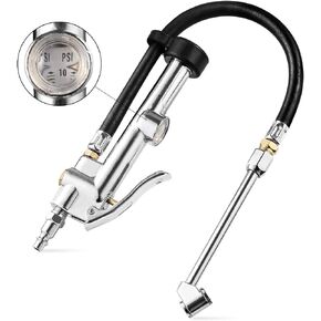 CZC AUTO Tire Inflator Air Pressure Gauge with Rubber Hose, 10-120PSI Dual Head Heavy Duty 1/4" FNPT Tyre Inflator Gage Compatible with Air Pump Compressor for Truck RV Bus Car Motorcycle Bike