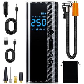 Tire Inflator Portable Air Compressor Multipurpose Air Pump Cordless 150 PSI Auto Shut-Off 7500mAh Battery & 12V DC Dual Power w/Accurate Digital Pressure Gauge LCD Screen LED Emergency Light