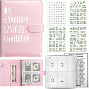 100 Envelope Money Saving Challenge Binder, A5 Leather Budget Book Binder, 25 Reusable Expense Budget Sheets, Budget Planner with Cash Envelopes, Money Organizer for Cash (Pink) in Kuwait