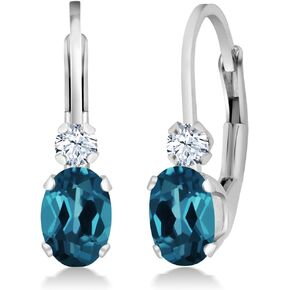 Gem Stone King 925 Sterling Silver London Blue Topaz and White Created Sapphire Leverback Earrings For Women (1.18 Cttw, Gemstone November Birthstone, Oval 6X4MM, Round 2MM, 3/4 Inch)
