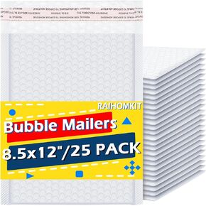 Bubble Mailer,25 Pack Poly Padded Envelopes,8.5x12 Inch Waterproof Shipping Envelopes,White Bubble Mailers for Small Business,Self Seal Bubble Envelopes for Shipping,Mailing,Packaging