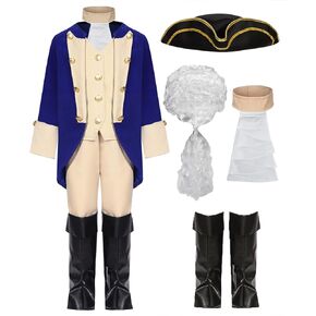 George Washington Costume Kids Boy Founding Father Costume Outfit Hamilton Cosplay American Colonial Uniform with Wig