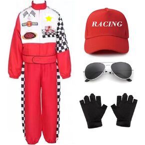 Race Car Driver Costume Boys Racing Suit with Car Cap Sunglasses Kids Racer Dress Up for Halloween