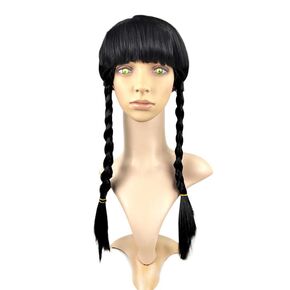 Long Black Braided Wig for Wednesday Addams Costume,Kids Long Black Braids Hair with Bangs for Halloween Party