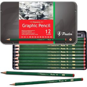 Pasler sketch graphite pencil set spanning 12 degrees (3H, 2H, H, HB, 2B, 3B, 4B, 5B, 6B, 7B, 8B, 9B) pre-sharpened pencils