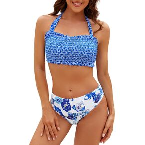 SEAFORM Bikini Set for Women Two Piece Bathing Suits Bandeau Top Mid Waisted Bottom Floral Bathing Suits with Removable Pads