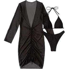 SOLY HUX 3 Piece Long Sleeve Swimsuits for Women Halter Triangle Bikini with Bathing Suit Cover Up in Saudi Arabia