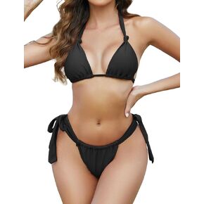 Zonsaoja Women Thong Bikini Side Tie Triangle Two Piece Bathing Suits Halter Knot Swimsuits