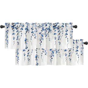 Watercolor Blue Leaves Window Valance for Bedroom Living Room, Grey Leaf Vine Plant Curtains Valanes for Windows, 3" Rod Pocket Window Treatment for Season Home Decorations, 54 x 18 Inch, 1 Panel