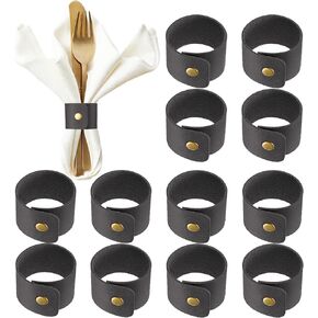 12 PCS Leather Napkin Rings Thanksgiving Rustic Napkin Ring Holder Vintage Black PU Faux Leather Napkin Holder for Christmas Thanksgiving Day Table Decoration