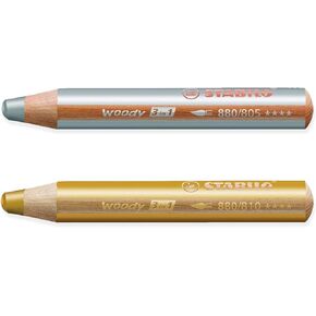 STABILO Multi-talented Pencil woody 3-in-1 - Pack of 2 Pencils - Gold & Silver