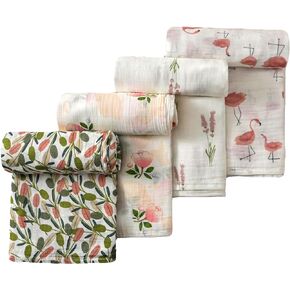 4-Pack Muslin Swaddle Blankets for Baby Girls - Silky Soft and Breathable Baby Blankets for Girl， Large Receiving Blankets (4 Pack -Peach Floral)