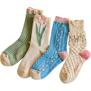 4/5 Pack Cute Womens Floral Socks, Cotton Vintage Embroidered Casual Crew Socks, Girly Cottagecore Tulip Dress Socks in Saudi Arabia