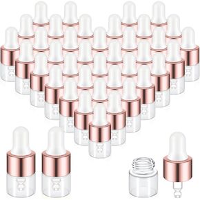 100 Pcs Mini Glass Dropper Bottle Bulk Clear Essential Oil Dropper Bottles Small Glass Dropping Sample Containers Perfume Liquid Cosmetic Sample Vials with Cap for Traveling (Rose Gold,2 ml)