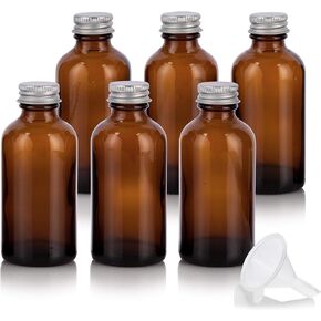 JUVITUS 4 oz Amber Glass Boston Round Bottles with Silver Metal Screw On Caps (4 pack) + Funnel