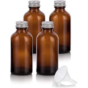 JUVITUS 4 oz Amber Glass Boston Round Bottles with Silver Metal Screw On Caps (4 pack) + Funnel