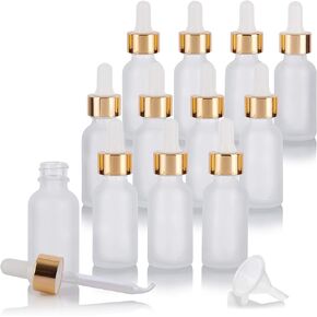 JUVITUS 1 oz Frosted Clear Glass Boston Round Bottle with Gold Metal and Glass Dropper (12 pack) + Funnel