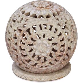 Unique Hand Carved Tealight Holder Sphere Shaped Made from Soapstone with Intricate Tendril Openwork Floral Decorative Lantern.