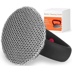 Cast Iron Cleaner Brush with Handle, Soldered Fine Chainmail Scrubber Brush - Small Ring Round Chain Link Pan Pot Scrub, Metal Brush to Clean Iron Skillet, Cast Iron Griddle Cleaning Brush by Herda