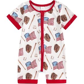 Baby Boy Girl 4th of July Jumpsuit Short Sleeve Flag Baseball Print Zippe Romper Newborn Summer Baseball Palysuit