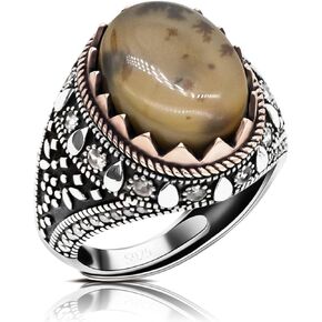 Adjustable Flap Men's Rings in Sterling Silver, Silver Ring with Black Agate Stone, Silver Men Ring with Turquoise Stone, Handmade Statement Ring with Natural Agate Stone, Turkish Engraved Silver Ring Jewelry