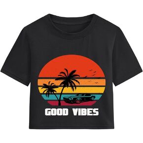 Girls Summer Crop Tops Casual Sunset Palm Tree Beach Vacation Short Sleeve Tshirts for Girl 6-14 Years