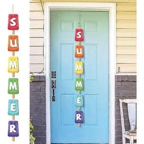 Summer Door Porch Signs Wooden Ice Cream Door Hanger Welcome Door Decor Teal Farmhouse Porch Rustic Wall Plaque Decor with Lanyard for Front Door Home Bathroom Indoor Outdoor