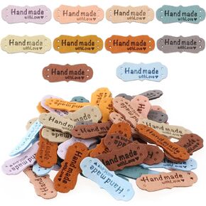 Molain 60Pcs Handmade Sewing Labels, PU Leather Labels Sewing Labels for Handmade Items with Hole DIY Sewing Lables for Embellishment Crochet Knitting Hats Craft Supplies (10 Styles)