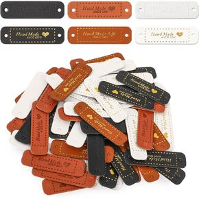 Molain 60Pcs Handmade Sewing Labels, PU Leather Labels Sewing Labels for Handmade Items with Hole DIY Sewing Lables for Embellishment Crochet Knitting Hats Craft Supplies (10 Styles)