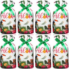 Funrous 50 Pcs Hawaiian Gift Bags Drawstring Hawaiian Small Plastic Bag for Summer Luau Candy Goodie Treat Party Favors with Drawstring Palm Leaves Tropical Theme Aloha Party Decorations Supplies
