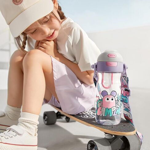 bc babycare Outdoor Water Bottle for Kids, Dual-way Kids Water Bottle with Straw, Portable Leak Proof Drinking Bottle with Adjustable Straps, BPA-Free Water Cups with Silicone Soft Tip, Purple,20oz in Saudi Arabia