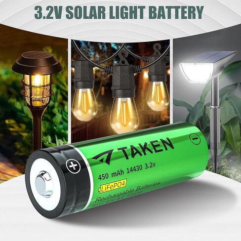 Taken 14430 بطارية شمسية قابلة لإعادة الشحن 3.2 فولت، 3.2 فولت 450 مللي أمبير 14430 LiFePO4 بطارية قابلة للشحن لألواح الطاقة الشمسية في الهواء الطلق وأضواء الحديقة (ليست بطارية AA) - 8 عبوات in Kuwait