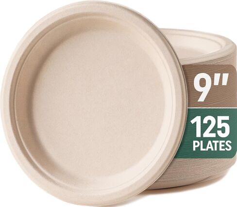 Disposable Plates, Sturdy and Durable Compostable Paper Plates - Heavy Duty, Eco-Friendly, Biodegradable, Unbleached, Sugarcane Bagasse Dinner Plate, 125-Pack 9 Inch in Saudi Arabia