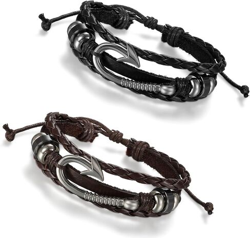 Aroncent Fish Hook Bracelet Leather Braided Wrap Rope Bracelet for Men Wristband Anchor Bracelet Nautical Bracelet for Men Women Valentines Day Christmas Gift in Saudi Arabia