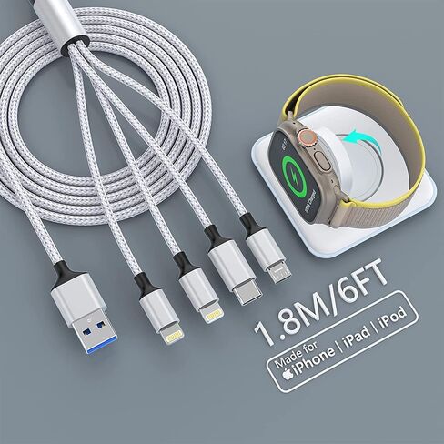 4 in 1 AppleWatch Stand Smartwatch Cables for Apple Watch/iPhone/Airpods, Magnetic Charging Dock with 6FT/1.8M iWatch Multi Charging Cable with iPhone/Type C/Micro Connectors for Laptop/Tablet/Phone in Saudi Arabia