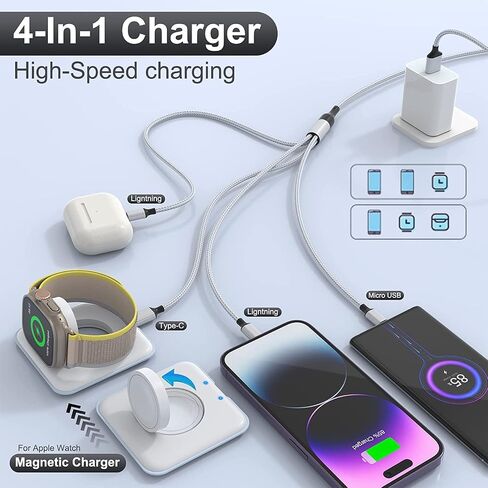 4 in 1 AppleWatch Stand Smartwatch Cables for Apple Watch/iPhone/Airpods, Magnetic Charging Dock with 6FT/1.8M iWatch Multi Charging Cable with iPhone/Type C/Micro Connectors for Laptop/Tablet/Phone in Saudi Arabia