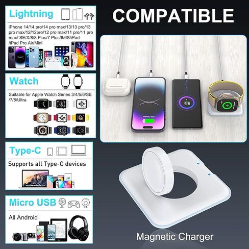4 in 1 AppleWatch Stand Smartwatch Cables for Apple Watch/iPhone/Airpods, Magnetic Charging Dock with 6FT/1.8M iWatch Multi Charging Cable with iPhone/Type C/Micro Connectors for Laptop/Tablet/Phone in Saudi Arabia