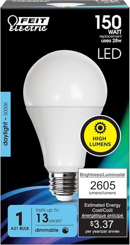 Feit Electric A21 LED Light Bulb, 150W Equivalent, Dimmable, 2605 Lumens, E26 Standard Base, 3000K Bright White, 80 CRI, High Output LED Light Bulb, Damp Rated, 15,000-Hour Lifetime, OM150DM/830/LED in Kuwait