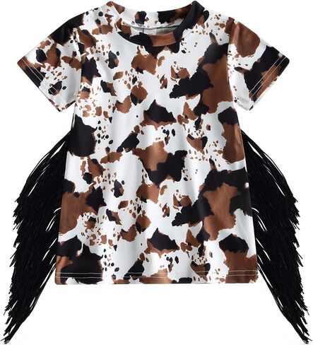 Western Toddler Baby Girl Short Sleeve Dress Cow/Horse Print T-Shirt Dress with Tassel Summer Cowgirl Boho Outfits in Saudi Arabia