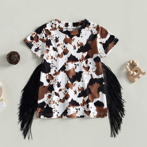 Western Toddler Baby Girl Short Sleeve Dress Cow/Horse Print T-Shirt Dress with Tassel Summer Cowgirl Boho Outfits in Saudi Arabia