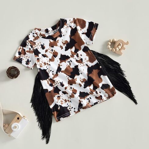 Western Toddler Baby Girl Short Sleeve Dress Cow/Horse Print T-Shirt Dress with Tassel Summer Cowgirl Boho Outfits in Saudi Arabia
