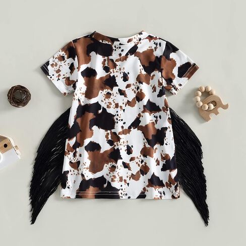 Western Toddler Baby Girl Short Sleeve Dress Cow/Horse Print T-Shirt Dress with Tassel Summer Cowgirl Boho Outfits in Saudi Arabia