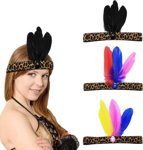 عصابة رأس من الريش، غطاء رأس هندي، غطاء رأس الفهد، 3 قطع شرابات بوهيمية، أغطية رأس مصنوعة يدويًا، لوازم حفلات أداء المهرجانات للأطفال والنساء والفتيات in Kuwait