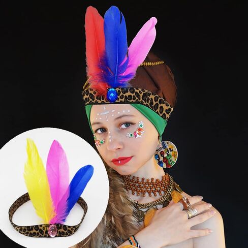 عصابة رأس من الريش، غطاء رأس هندي، غطاء رأس الفهد، 3 قطع شرابات بوهيمية، أغطية رأس مصنوعة يدويًا، لوازم حفلات أداء المهرجانات للأطفال والنساء والفتيات in Kuwait