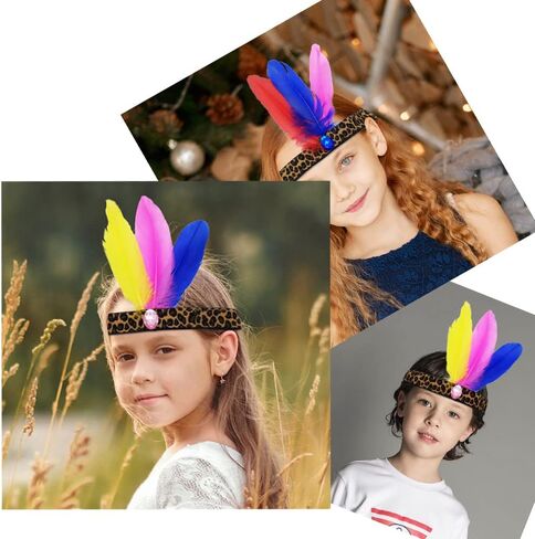 عصابة رأس من الريش، غطاء رأس هندي، غطاء رأس الفهد، 3 قطع شرابات بوهيمية، أغطية رأس مصنوعة يدويًا، لوازم حفلات أداء المهرجانات للأطفال والنساء والفتيات in Kuwait