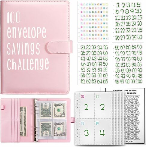 100 Envelope Money Saving Challenge Binder, A5 Leather Budget Book Binder, 25 Reusable Expense Budget Sheets, Budget Planner with Cash Envelopes, Money Organizer for Cash (Pink) in Kuwait