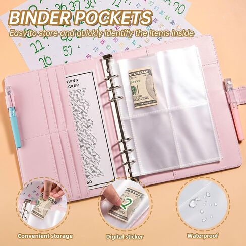100 Envelope Money Saving Challenge Binder, A5 Leather Budget Book Binder, 25 Reusable Expense Budget Sheets, Budget Planner with Cash Envelopes, Money Organizer for Cash (Pink) in Kuwait