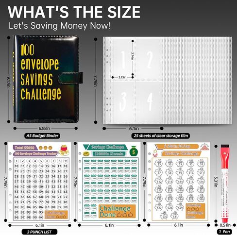 Money Savings Challenge Binder for Cash with 100 Envelope Pockets (Black) in Saudi Arabia