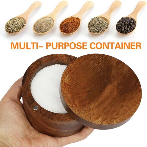 Acacia Wood Salt Cellar Bowl Box, Elegant Salt Container with Swivel Magnetic Lid for Keeping Table Salt, Bath Salt, Sea Salt, Peppers, Herbs or seasonings, One piece Wood No Glue in Saudi Arabia